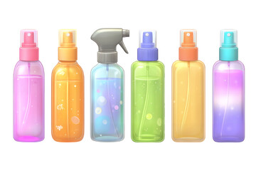 A row of six colorful spray bottles on transparent background