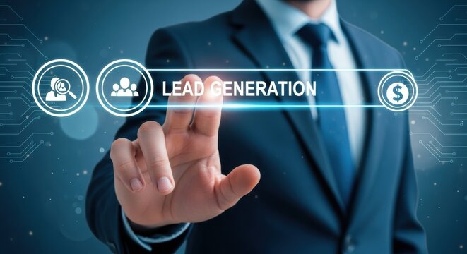 Businessman using a digital screen with lead generation icons and text. - Powered by Adobe