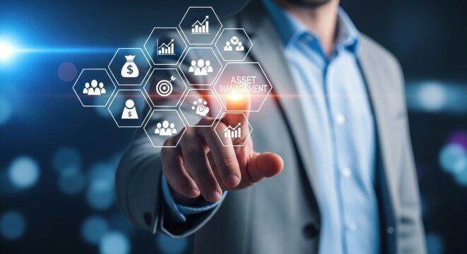 Businessman interacting with a futuristic digital interface displaying financial and teamwork icons. - Powered by Adobe