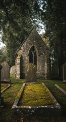 Historic churchyard graveyard featuring ancient weathered stone monuments and headstones surrounding the mossy, time worn chapel structure ,historical ,weathered stone ,ancient structure