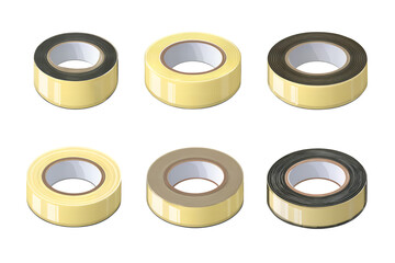 Six rolls of yellow duct tape with different colored edges are arranged in two rows on a transparent background