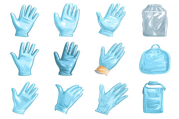 A collection of blue latex gloves and plastic bags on transparent background