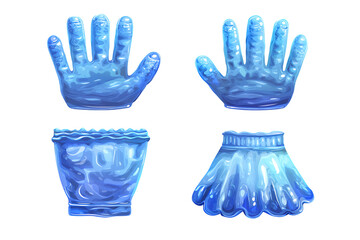 Four blue gel or silicone hand and finger covers on transparent background for skincare and beauty treatments