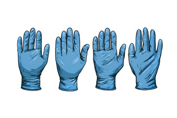 Four blue latex gloves are shown on a transparent background with palms facing forward in different hand positions
