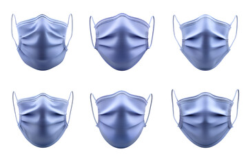 Six blue surgical masks arranged in two rows on a solid black background on transparent background
