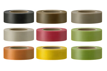 Nine rolls of colored athletic tape arranged in three rows on a transparent background