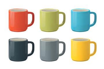 Six colorful coffee mugs on transparent background