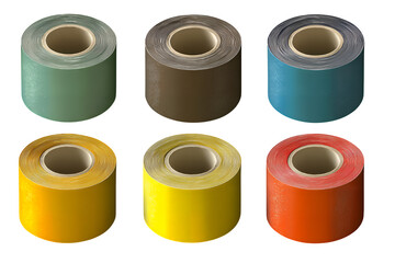 Six rolls of colored tape arranged in two rows on a black background with a transparent background effect on transparent background