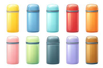 A set of colorful thermoses arranged in two rows on a transparent background