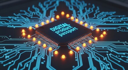 Central processor unit with digital product passport text illuminated orange glow.