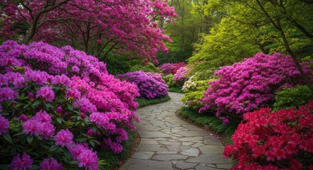 Vibrant pink, purple, and red rhododendron and azalea blooms line a curving stone pathway through a lush springtime garden scene ,gorgeous ,trail ,park