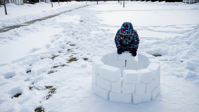 Child building an igloo with snow blocks. Young kid constructing a circular snow fort in a residential backyard during winter. Outdoor childhood play and creativity concept
