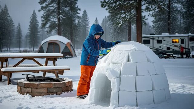 Child building a snow igloo at a winter campground. Young kid constructing a block shelter in a snowy forest. Outdoor winter activities and camping concept