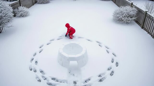 Child in a red snowsuit building an igloo in a snowy backyard. Overhead view of a kid constructing a snow fort with blocks. Winter outdoor activity and childhood play concept
