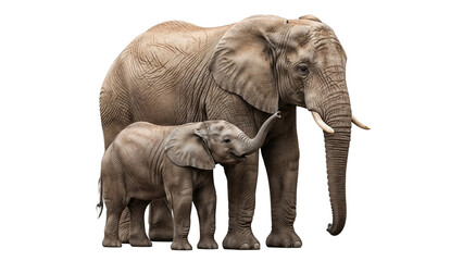 Obraz premium Elephant standing protectively beside a baby elephant on white background