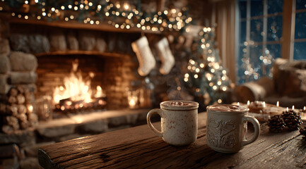 Cozy christmas fireplace scene with stocking and hot chocolate holiday