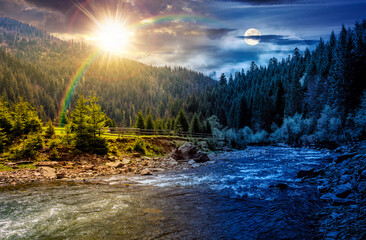 river flows among forest at the foot of mountain. time change concept. picturesque nature of rural area with sun and moon. serene spring scenery. uncertainty, trust issues and difficult relationship