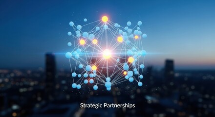 Abstract digital network with glowing spheres over a city skyline at dusk.