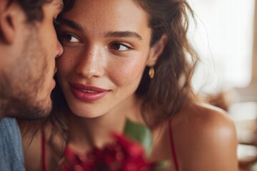 Romantic Valentine's Day scene, authentic emotions, photorealistic style, soft natural lighting