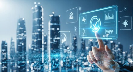 Hand interacting with a futuristic digital interface showing a check mark icon against a blurred city background.