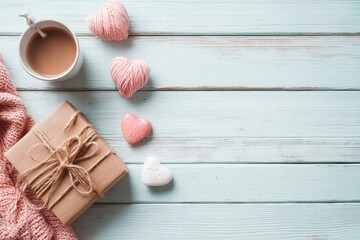 bright airy romance on a rustic wooden table, Valentine&rsquo;s Day theme, cool color palette, top view flat lay, realistic textures, clean composition