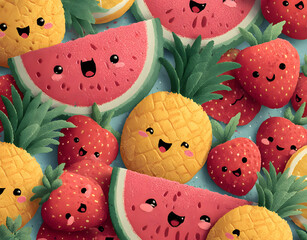A cheerful fruit pattern of juicy watermelon, ripe strawberries and adorable pineapples. A colorful, happy design with smiling fruit faces, a vibrant summer feel