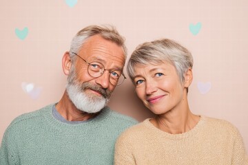elderly couple against pastel background, Valentine&rsquo;s Day theme, editorial lifestyle photography, bokeh background, realistic textures, clean composition