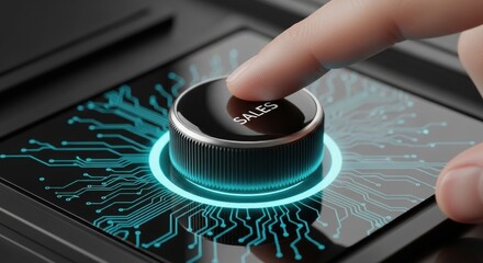 A finger interacts with a futuristic control knob on a glowing circuit board interface.