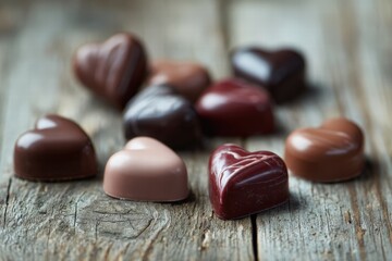 heart-shaped chocolates on a rustic wooden table, Valentine&rsquo;s Day theme, neutral tones, wide angle shot, realistic textures, clean composition