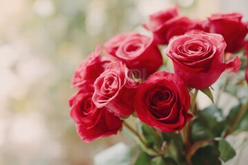red roses bouquet in a luxury hotel room, Valentine&rsquo;s Day theme, dramatic low-key lighting, deep focus, realistic textures, clean composition