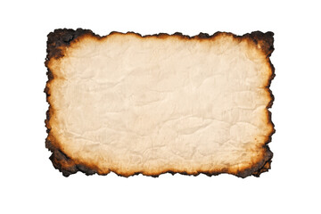 Fototapeta premium Wrinkled old parchment paper with burnt, charred, and singed edges, providing vintage texture and empty space for text on transparent background