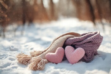 rustic countryside romance in a snowy park, Valentine&rsquo;s Day theme, cinematic lighting, shallow depth of field, realistic textures, clean composition