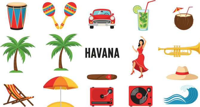 Havana Cuba Cultural Icons Set with Music, Drinks, Car and Tropical Elements