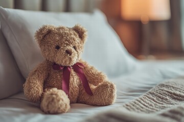 teddy bear with ribbon in a luxury hotel room, Valentine&rsquo;s Day theme, moody shadows, bokeh background, realistic textures, clean composition