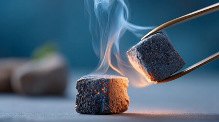 Close-up of glowing hookah coal with smoke and tongs