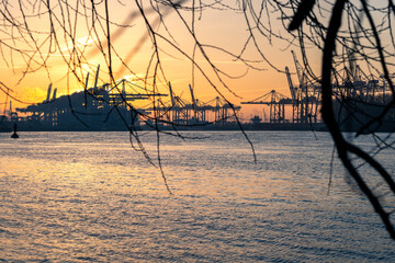 Sunrise over the harbor at the Elbe River in Hamburg