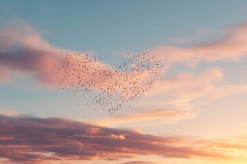 Birds flying together at sunset forming abstract heart shape, cinematic sky
