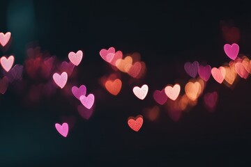 Bokeh lights forming subtle heart shapes, dreamy romantic atmosphere, dark background