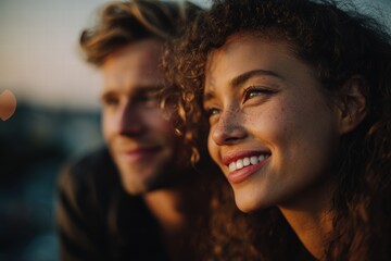 Couple laughing together on a city rooftop at sunset, urban romance, cinematic lighting, shallow depth of field