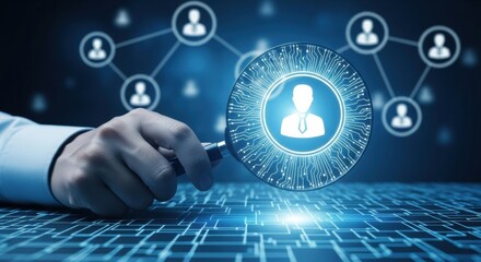 Human resources concept Hand holding magnifying glass over digital human icon network