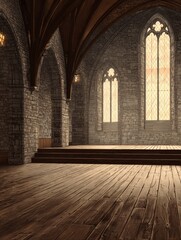 Obraz premium Interior of a Medieval Hall Showing Empty Space for Text With Wooden Floor and Tall Stone Walls Lit by Sunlight Through Windows