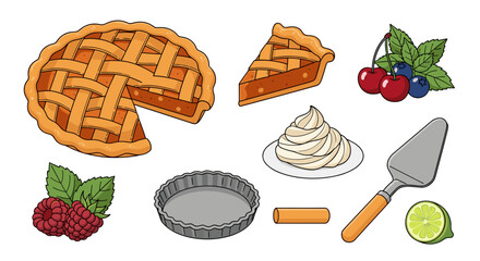 Delicious homemade pie with fresh berries and cream illustration showcases baking ingredients for a celebratory dessert, perfect for culinary themes and food illustration projects,.