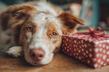 Dog lying next to Valentine&rsquo;s Day gift box, warm home atmosphere, lifestyle pet photography