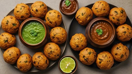 Obraz premium Delicious indian street food aloo tikki with chutneys and lime