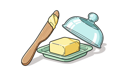 Fresh butter dish with spread knife illustration offers a delectable culinary experience, showcasing dairy goodness, buttery delight, delicious flavor, and traditional cooking elem.