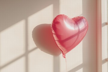 Heart-shaped balloon floating in bright room, airy minimal composition, soft shadows