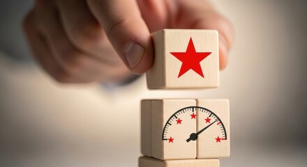 Obraz premium Hand placing a star block on a speedometer graphic block, symbolizing achievement and progress.