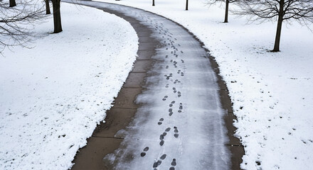 Footprints on a curved icy sidewalk in a winter park. Walking trail with thin ice and snow-dusted ground. Cold weather outdoor walkway with shoe prints in the slush