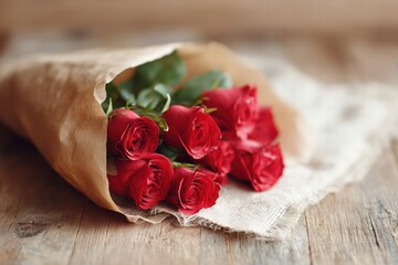 Red roses bouquet wrapped in kraft paper, rustic romantic still life, shallow depth of field