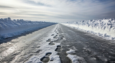 Footprints on an icy sidewalk between high snowbanks. Winter path leading to the horizon. Frozen road with tracks in the snow. Cold weather landscape with leading lines